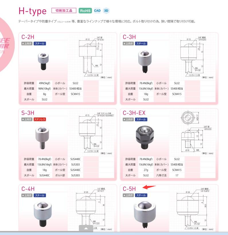 日本福瑞贝亚FREEBEA万向滚珠型号S-3H-M6X12