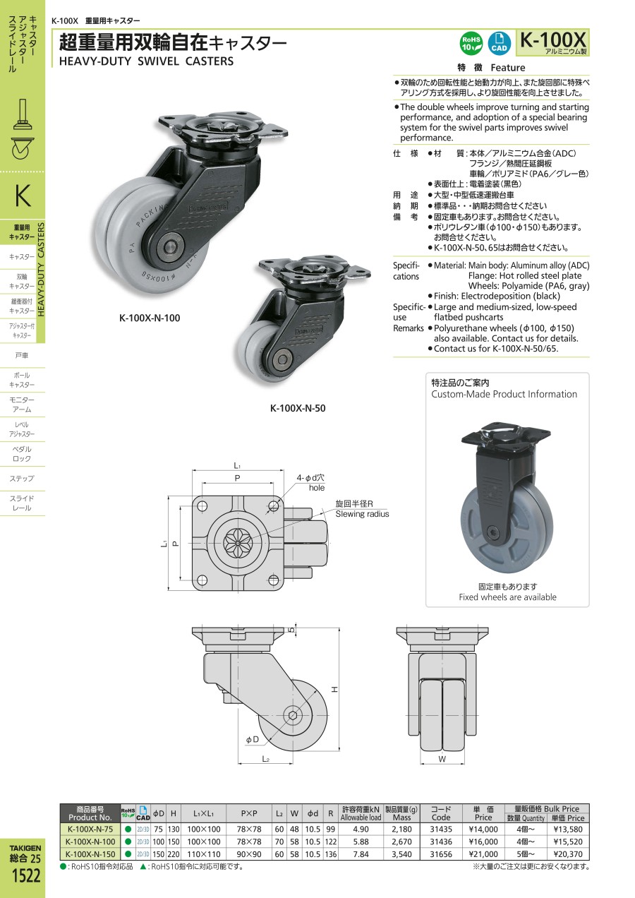 原装进口日本泷源脚轮TAKIGEN型号K-100X-N-10...